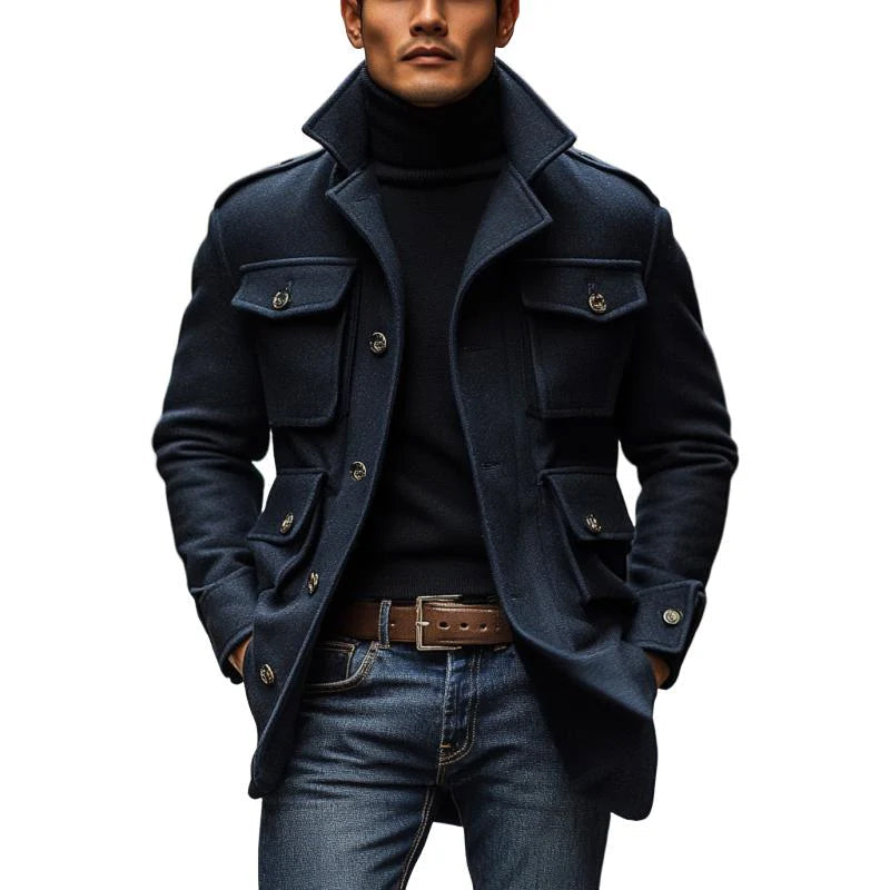 Manteau homme coupe slim vintage en laine mélangée à revers et poches 3D