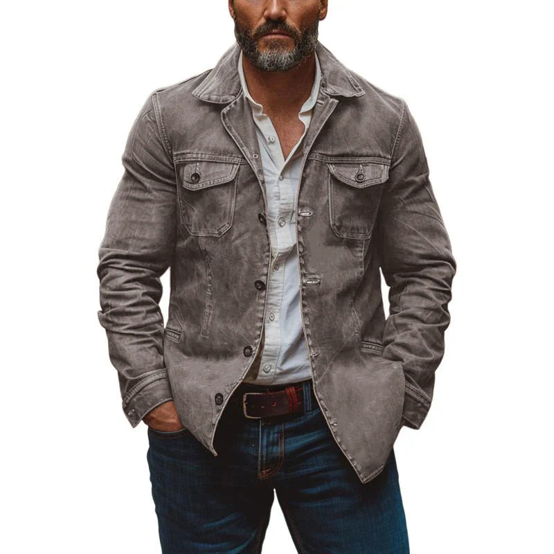 Veste de travail vintage en cuir délavé épais pour homme, simple boutonnage, multi-poches