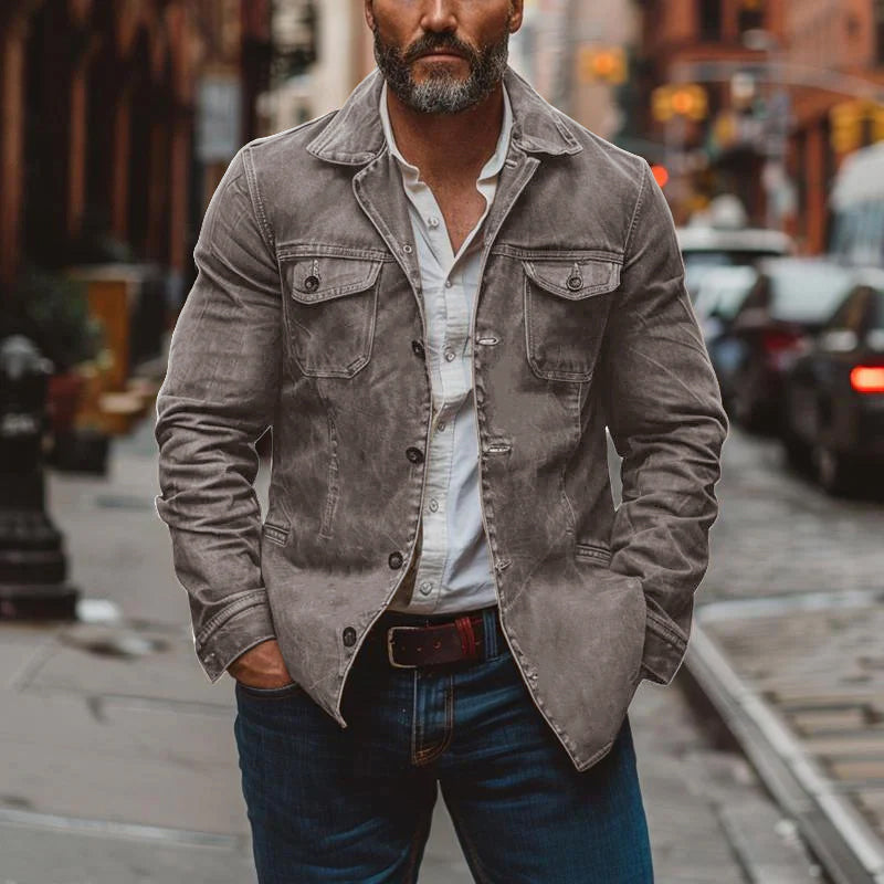 Veste de travail vintage en cuir délavé épais pour homme, simple boutonnage, multi-poches