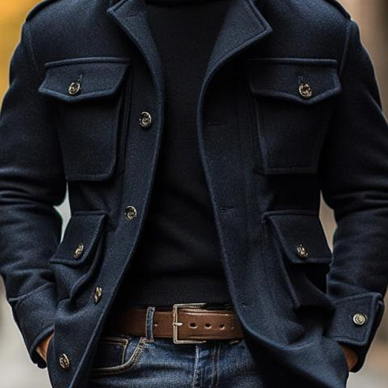 Manteau homme coupe slim vintage en laine mélangée à revers et poches 3D