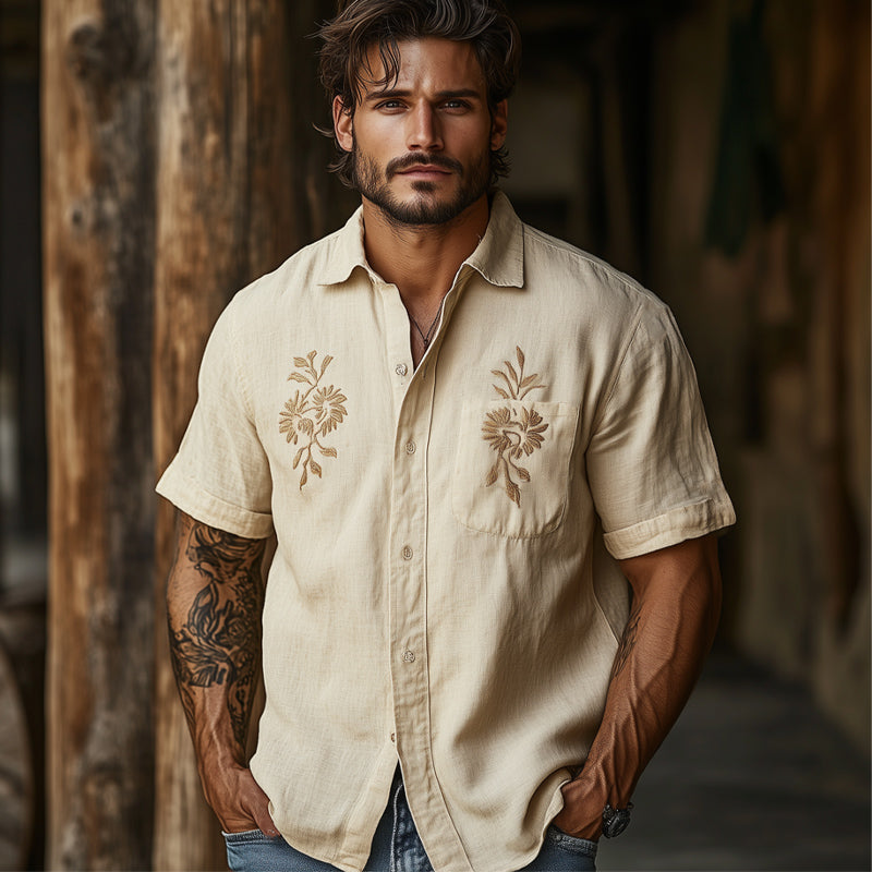 Men's Casual Khaki Tencel Vintage Embroidered Short-sleeved Shirt