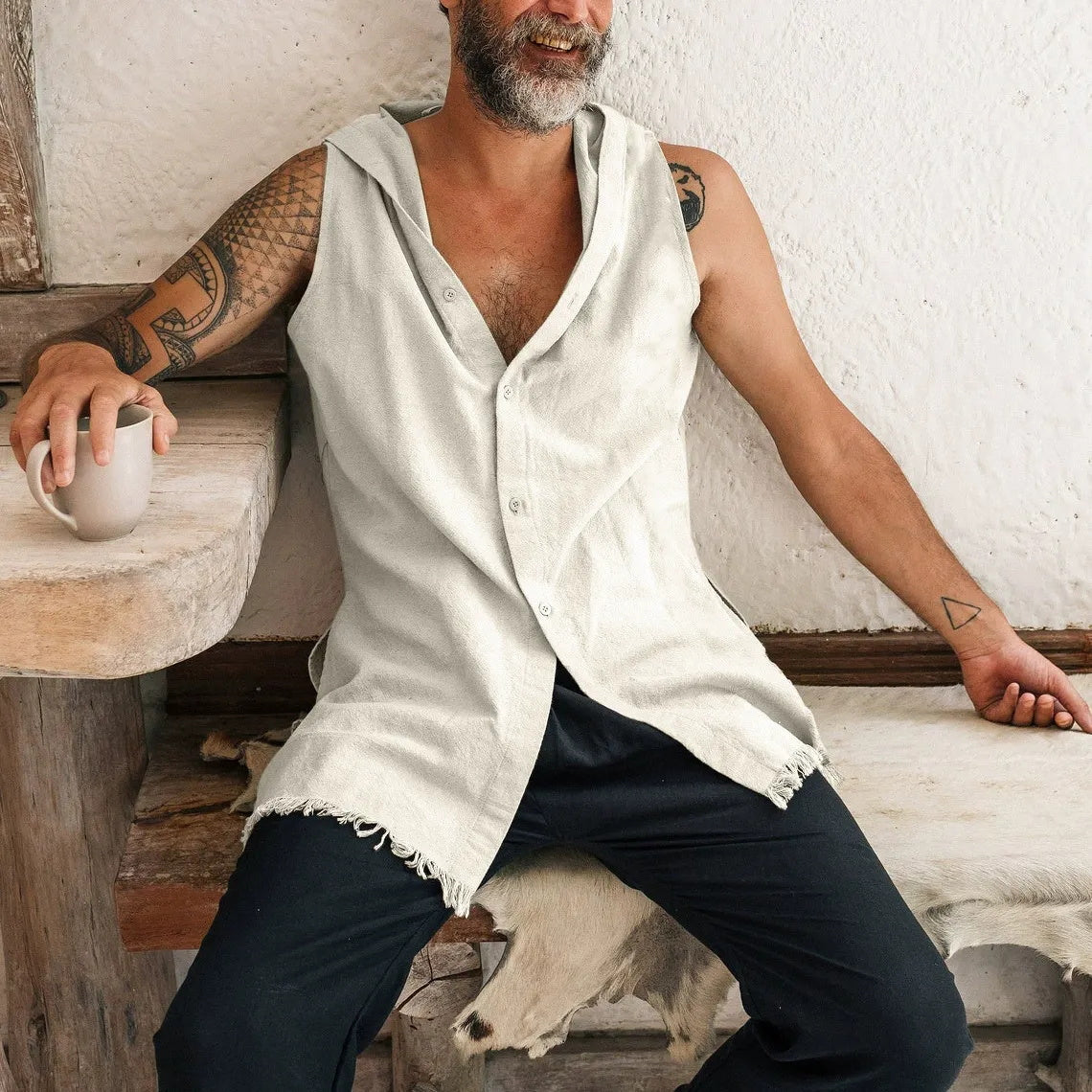 Men's summer sleeveless cotton and linen hooded vest