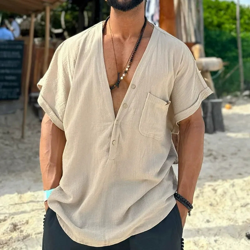Men's solid-color V-neck button simple top