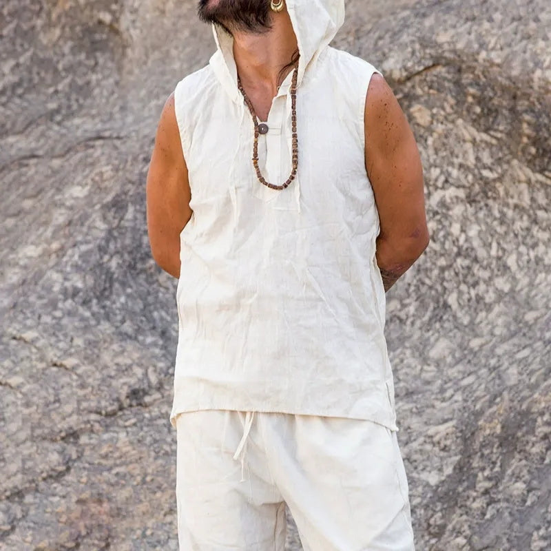 A two-piece set of men's fashionable and casual beige cotton and linen vest and shorts