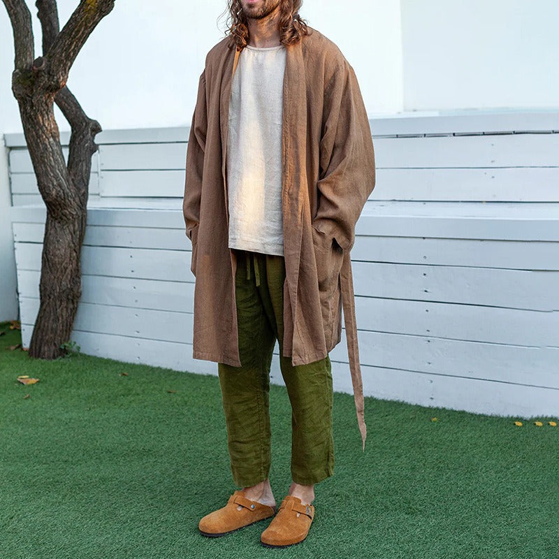 Men's fashionable and casual cotton and linen robe