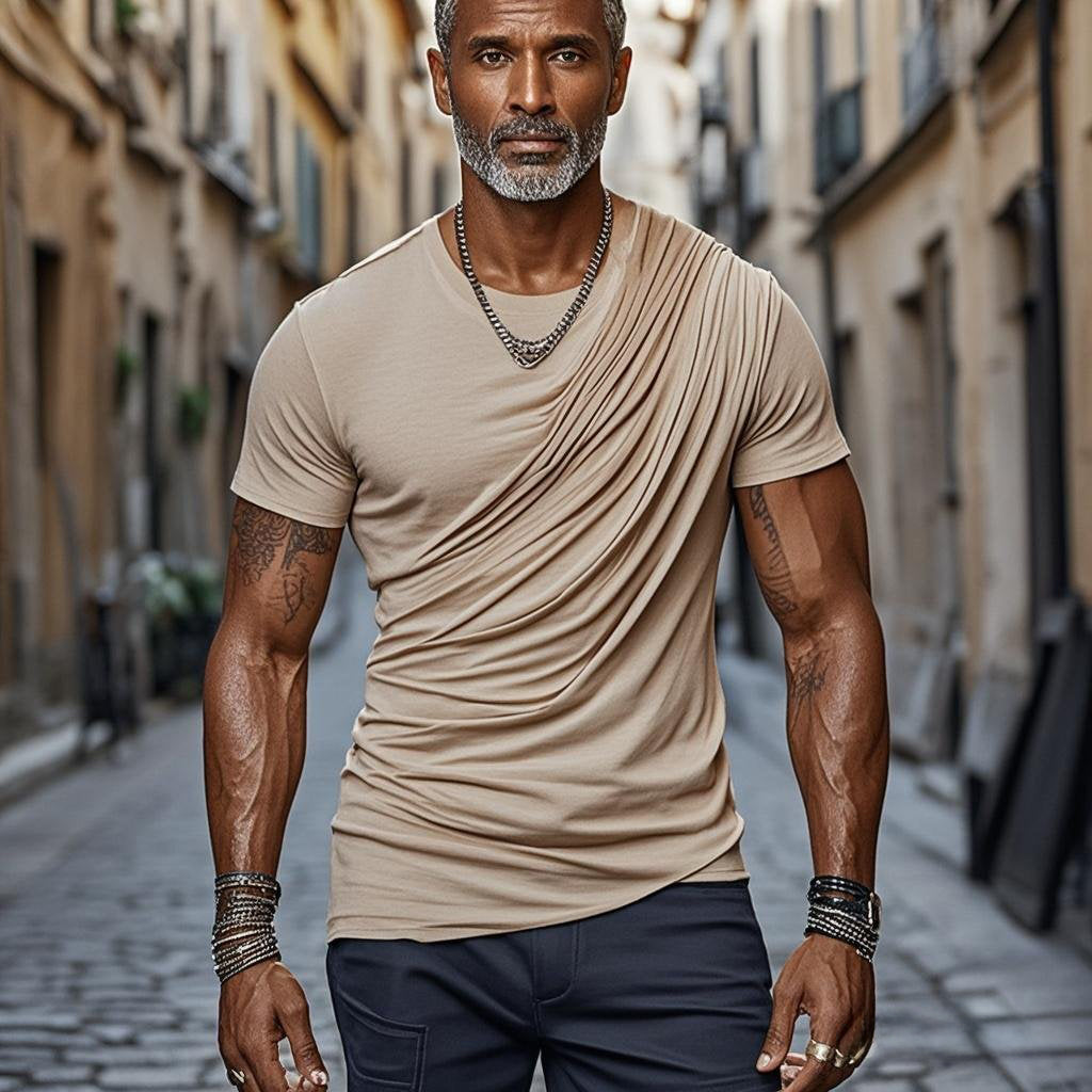Men's fashionable casual khaki pleated short-sleeved T-shirt