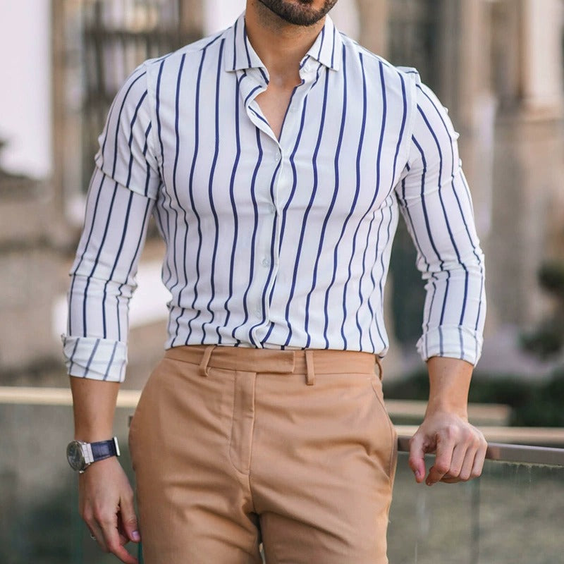 Men's fashionable casual striped long-sleeved shirt