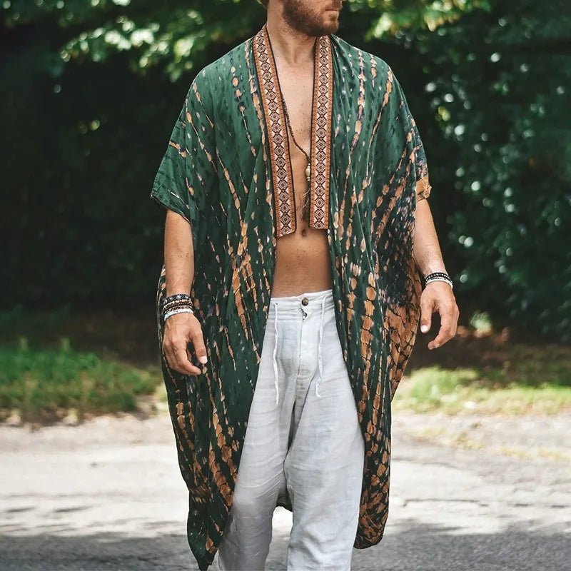 Men's beach sun-protective clothing, casual printed shirt fashionable cape coat