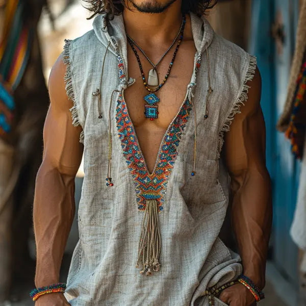 Retro Men's Ethnic V-Neck Sleeveless Linen Hoodie Casual Retro Tribal Top Bohemian Style Sleeveless Tank Top
