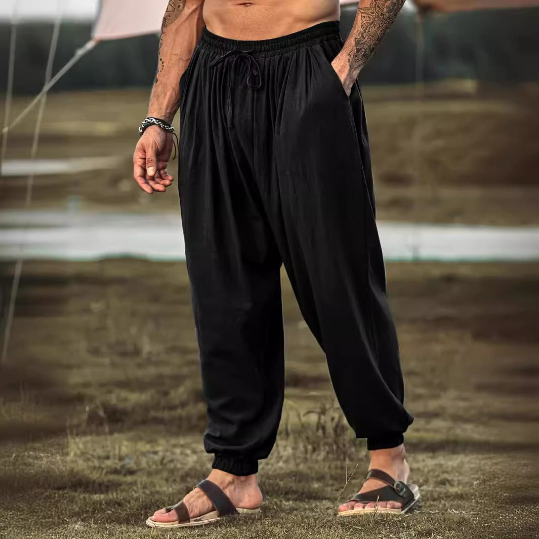 Men's fashionable and casual solid-colored cotton and linen trousers