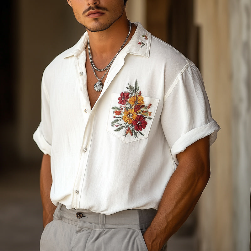 Men's Casual Chiffon Embroidered Short-sleeved Shirt