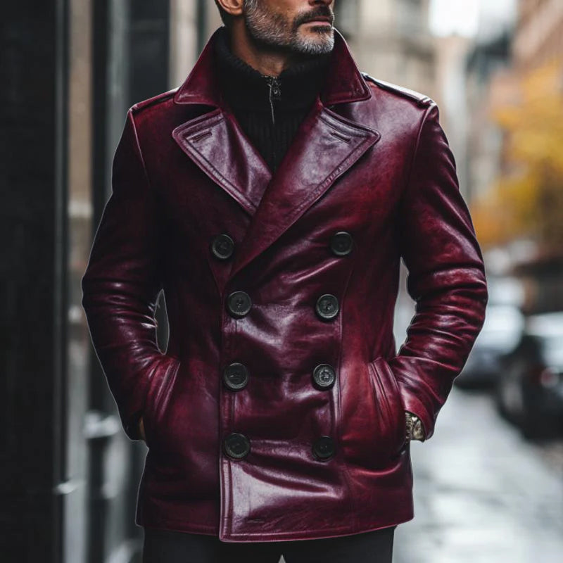 Manteau en cuir vintage à revers crantés et coupe slim pour homme