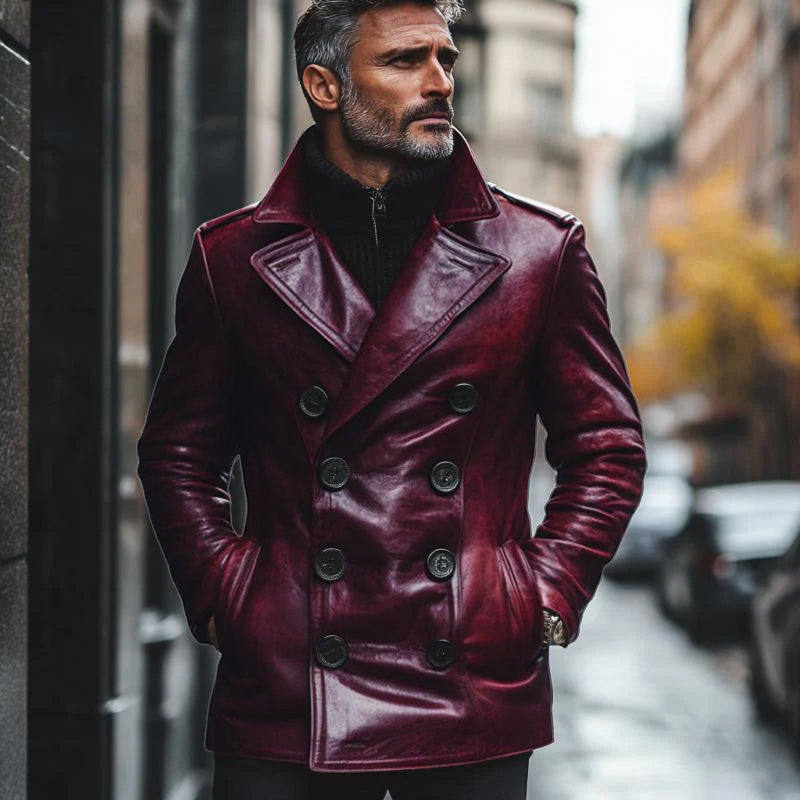 Manteau en cuir vintage à revers crantés et coupe slim pour homme
