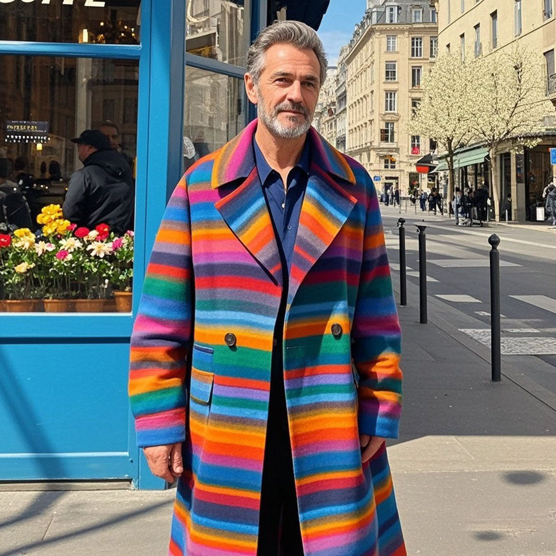 Men's fashionable and casual rainbow-colored striped coat