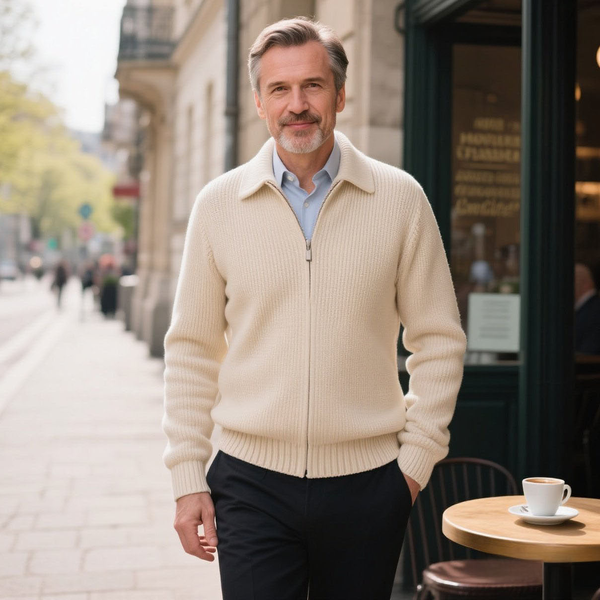 Modischer lässiger Herren-Strickmantel in Off-White mit Reißverschluss