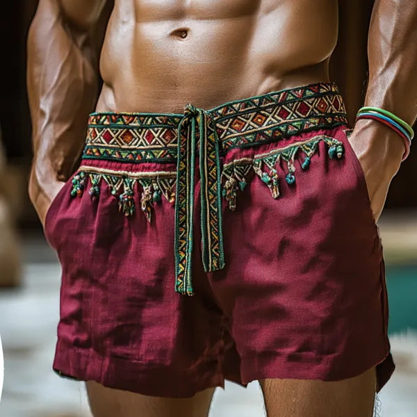 Mens Ethnic Bohemian Casual Comfort Linen Shorts