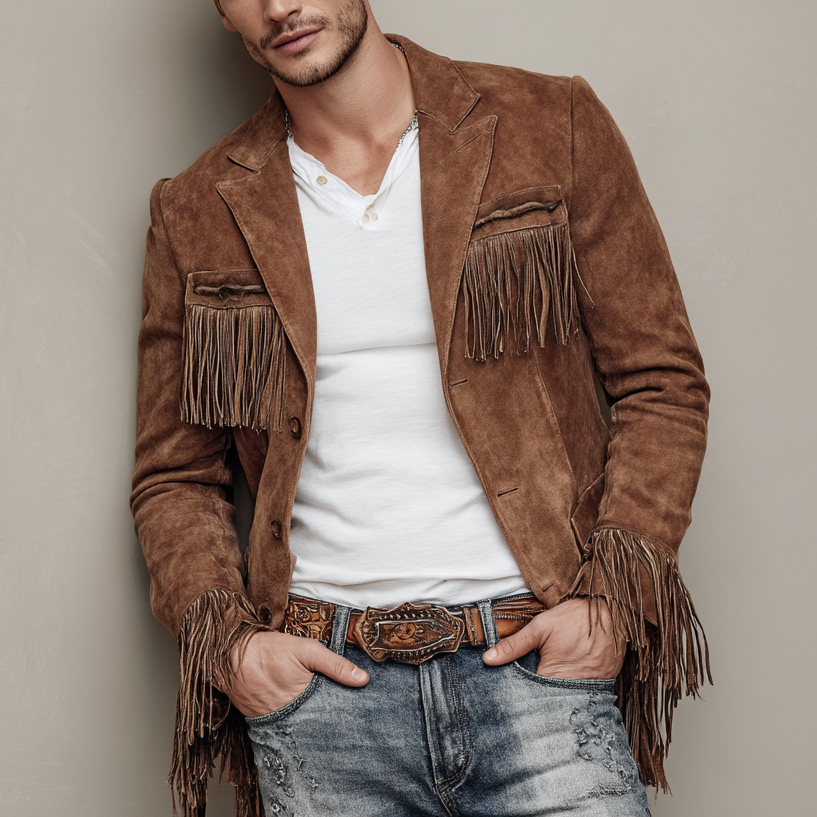 Men's fashionable casual warm brown fringed suit jacket