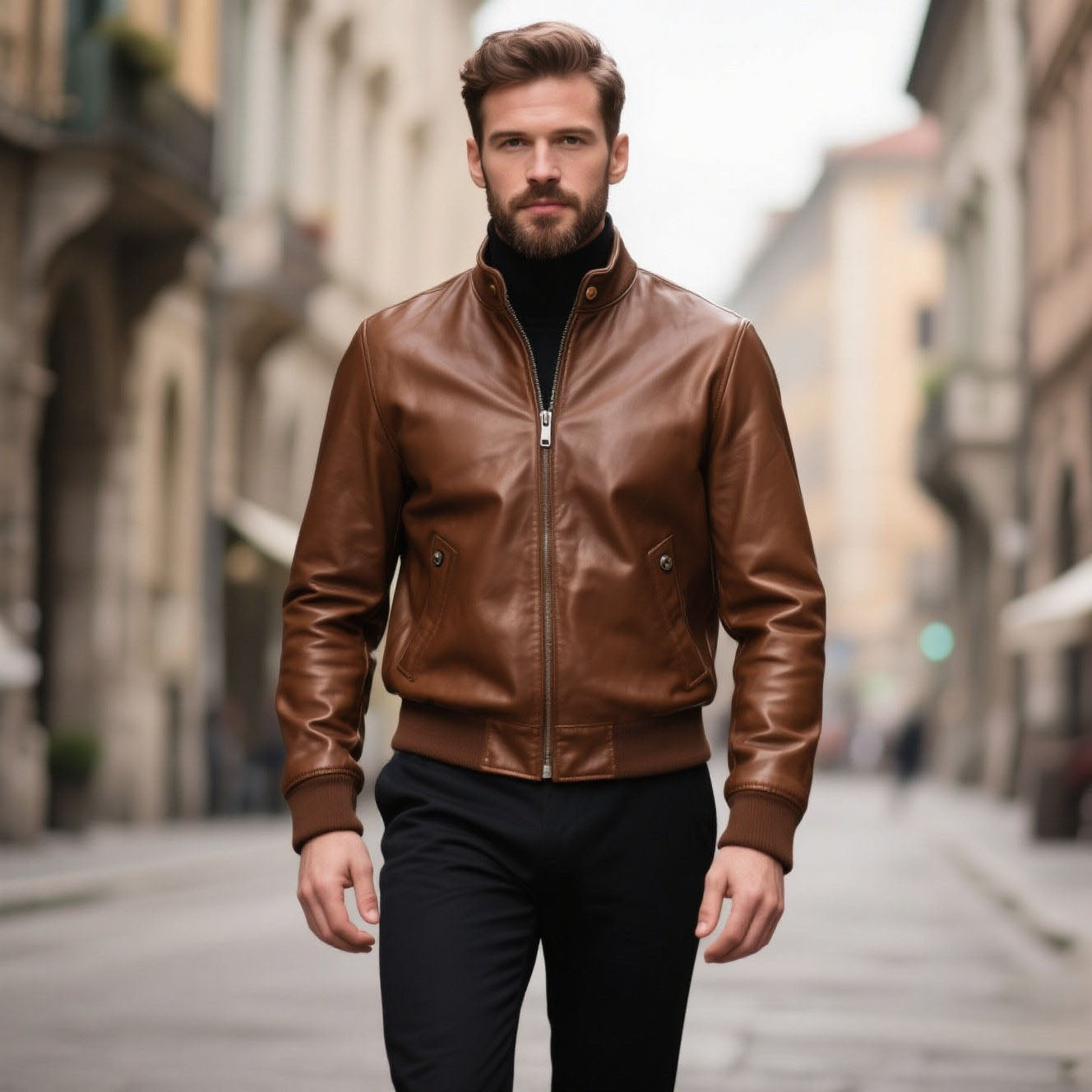 Men's fashionable and casual brown leather jacket