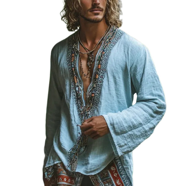 Men's Bohemian Holiday Style Vintage Linen Printed Casual Long Sleeve Top