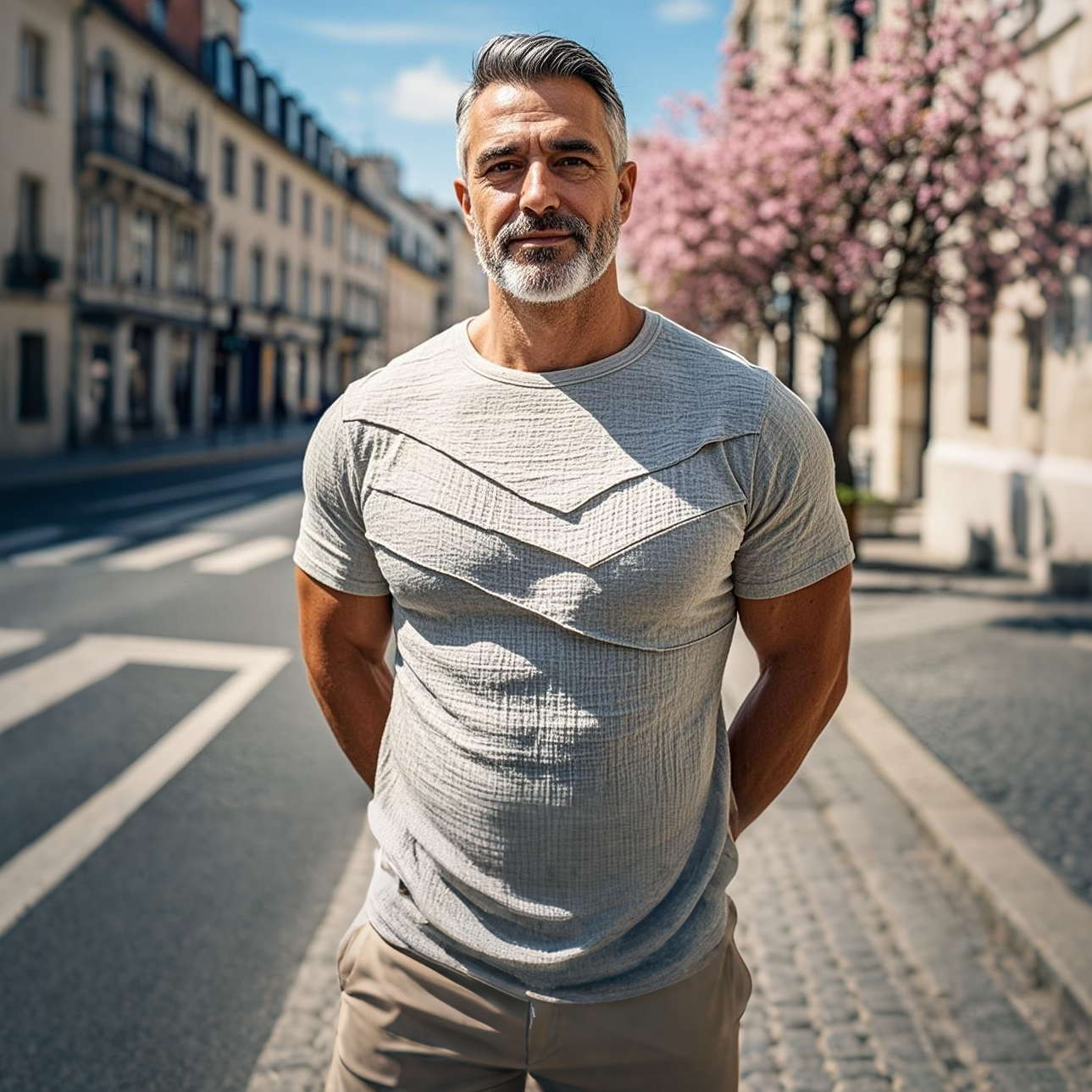 Men's fashionable casual grey pleated short-sleeved T-shirt