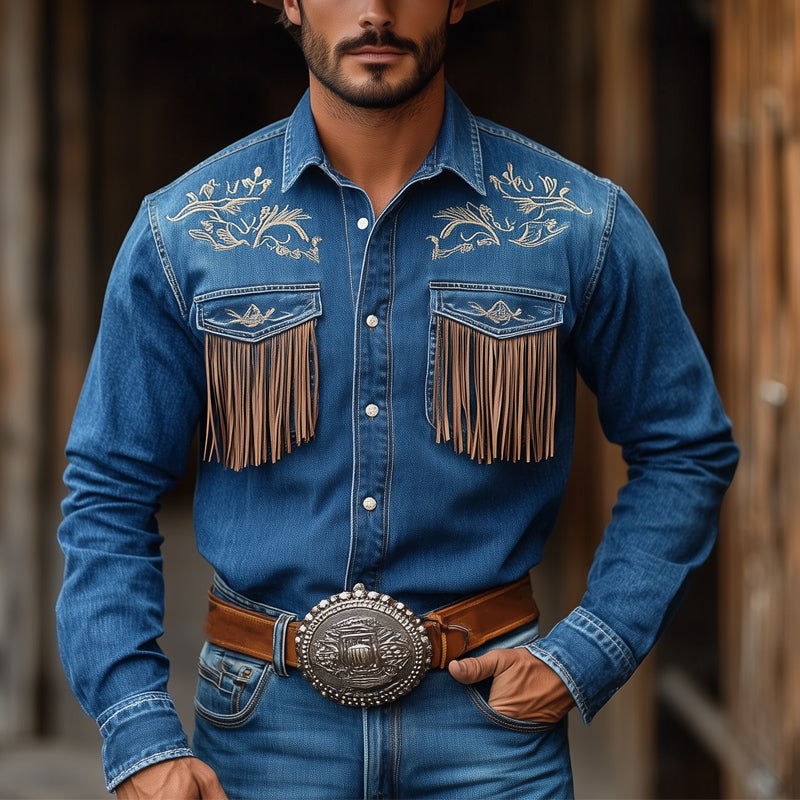Chemise en jean western vintage bleu foncé à pompons brodés pour homme