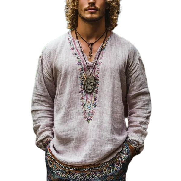 Men's Bohemian Holiday Style Vintage Linen Printed Casual Long Sleeve Top