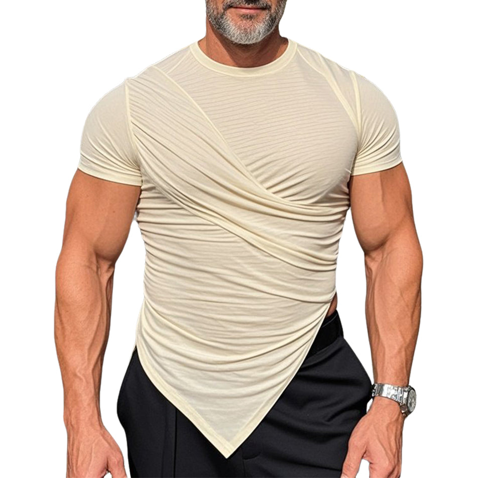 T-shirt à manches courtes plissé beige décontracté et tendance pour homme