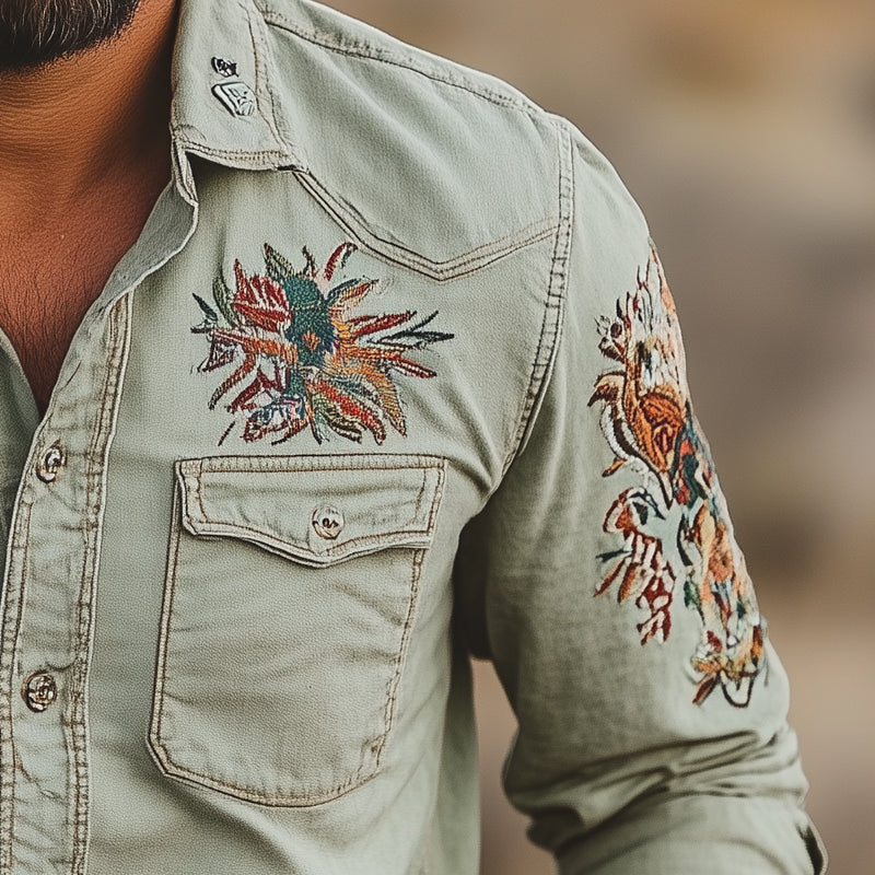 Men's Casual Embroidered Lapel Long Sleeve Shirt