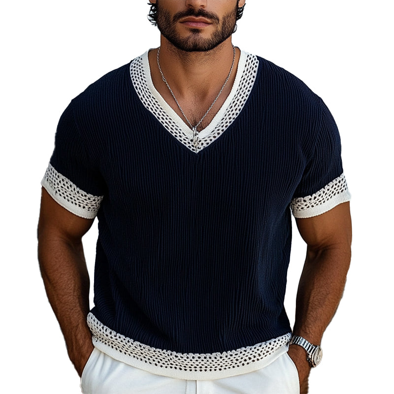 Men's Contrast Knit V-Neck Short Sleeve Sweater T-Shirt ASW1853C1X