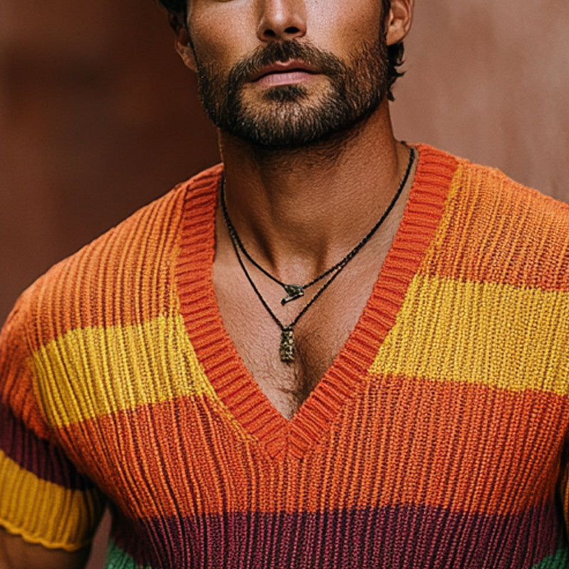 Men's Rainbow Knit V-Neck Short Sleeve Sweater T-Shirt ASW1773C8X