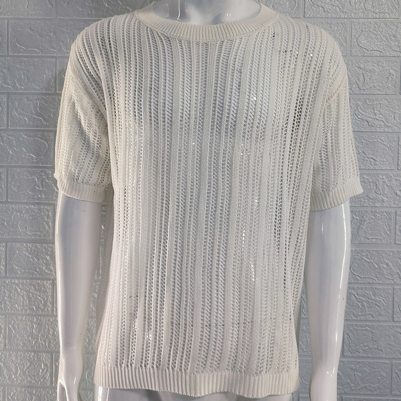 Herrenmode Lässiges Rundhals-Kurzarm-Strick-T-Shirt ASW1729C7K