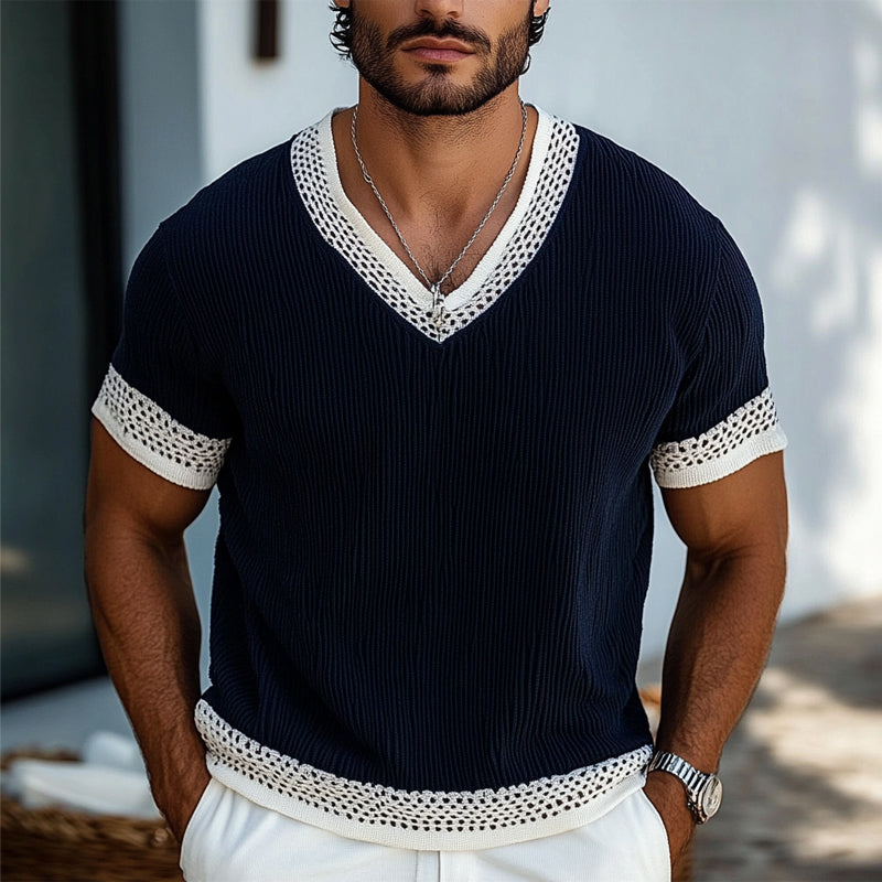 Men's Contrast Knit V-Neck Short Sleeve Sweater T-Shirt ASW1853C1X