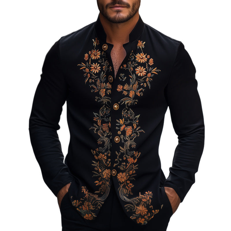 Men's Spring and Autumn Retro Embroidered Stand Collar Long Sleeve Shirt