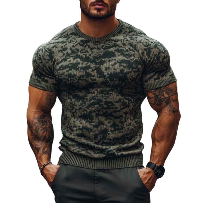 Men's Outdoor Camouflage Jacquard Round Neck Slim Fit Knitted Short Sleeve Sweater T-Shirt ASW2445C1M