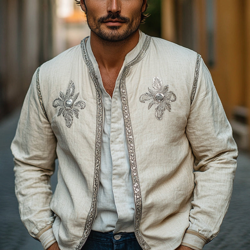 Men's Spring and Autumn Cotton and Linen Fashion Embroidered Jacket