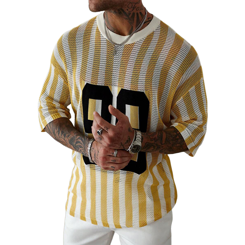 Men's Striped Monogram Jacquard Short-Sleeved Knitted T-Shirt ASW2807C5X