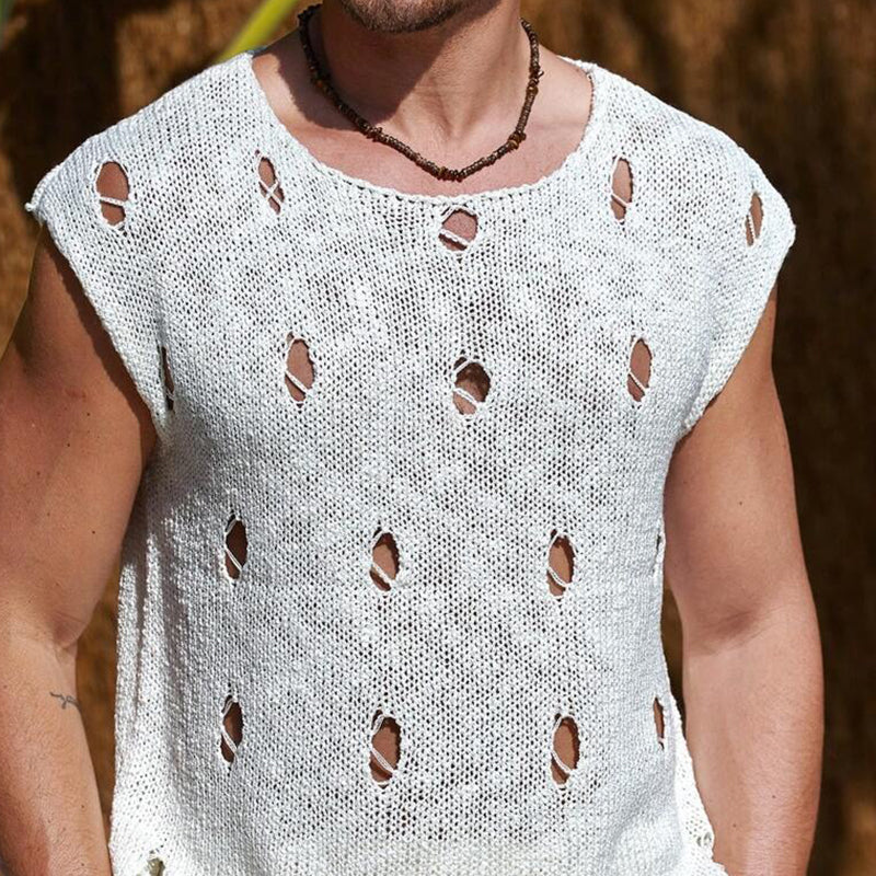 Men's Solid Color Ripped Crew Neck Knit Tank Tops ASW2813C9X