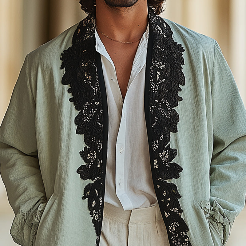 Veste fine brodée en dentelle pour homme, mode printemps