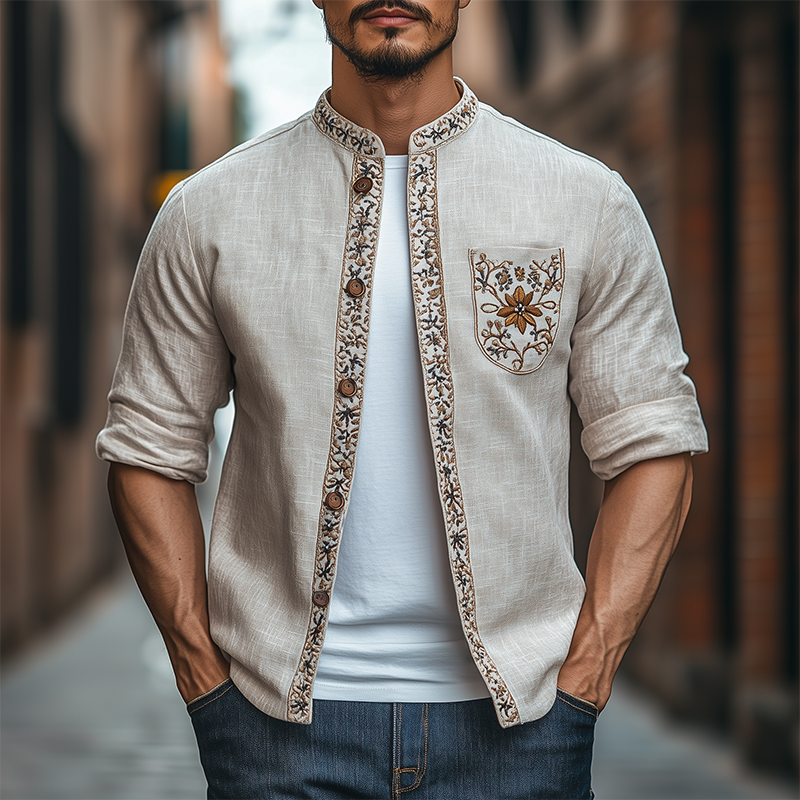 Chemise à manches longues brodée à col montant rétro pour homme, mode printemps