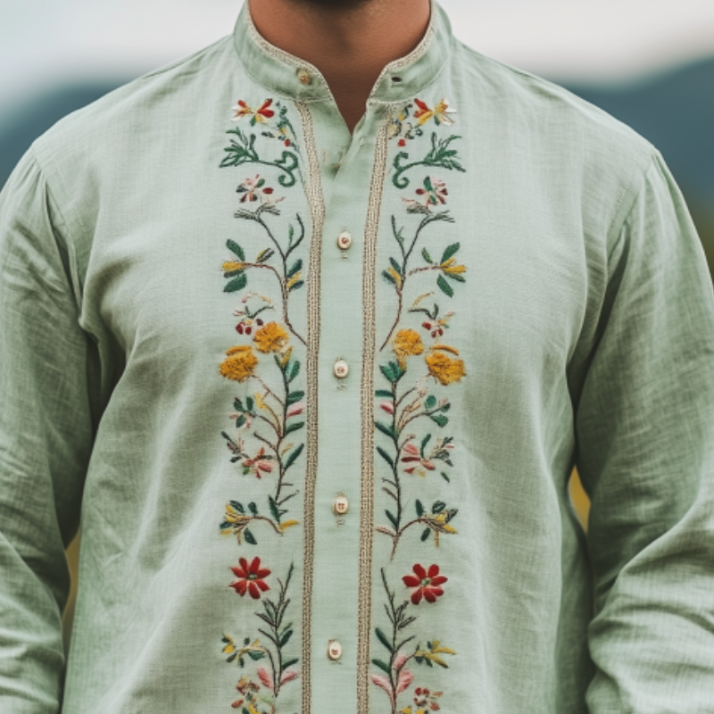 Chemise à manches longues brodée à col montant et à la mode rétro décontractée pour homme, printemps et été