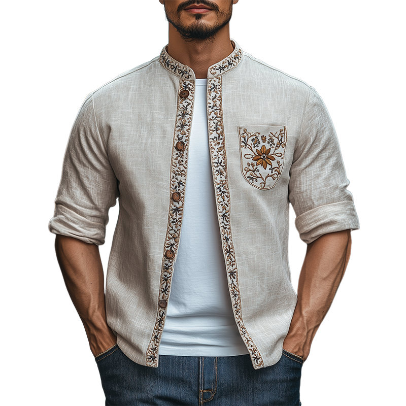 Chemise à manches longues brodée à col montant rétro pour homme, mode printemps