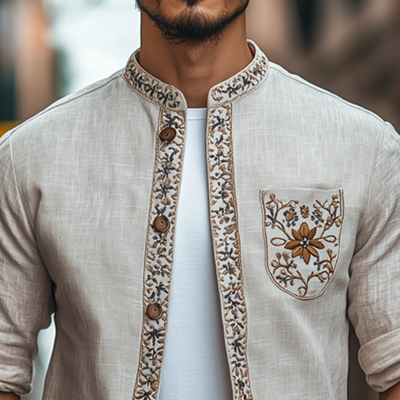 Chemise à manches longues brodée à col montant rétro pour homme, mode printemps