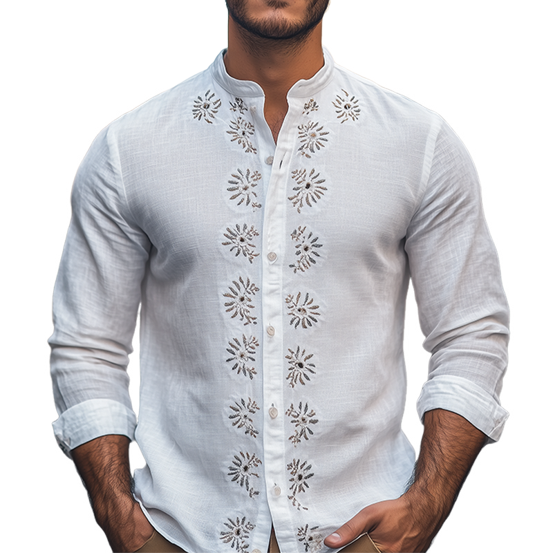 Men's Spring Fashion Retro Stand Collar Embroidered Cotton and Linen Long Sleeve Shirt