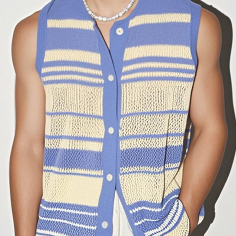 Men's Casual Contrast Color Striped Round Neck Single Breasted Knitted Sleeveless Shirt ASW3182C0M