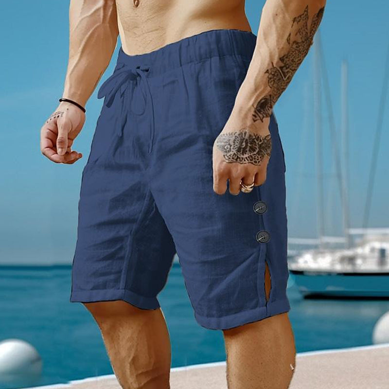Men's Cotton and Linen Solid Color Button Shorts
