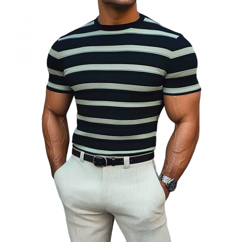 T-shirt décontracté à manches courtes et col rond pour homme, rayé et contrasté, coupe ajustée, en tricot