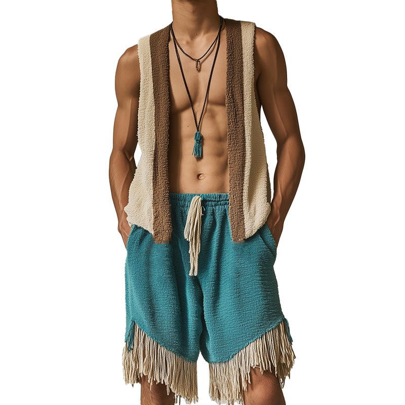 Men's Spring Fashion Towel Cloth Tassel Sleeveless Shorts Set ASW0825D1P