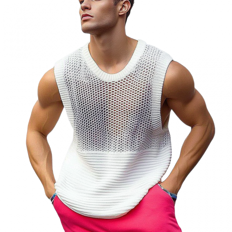 Men's Casual Crew Neck Hollow Out Patchwork Knitted Tank Top ASW0786D7M