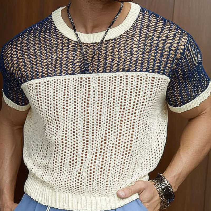 Men's Casual Round Neck Color Block Knitted Short Sleeve Sweater T-Shirt MTA0767D9M