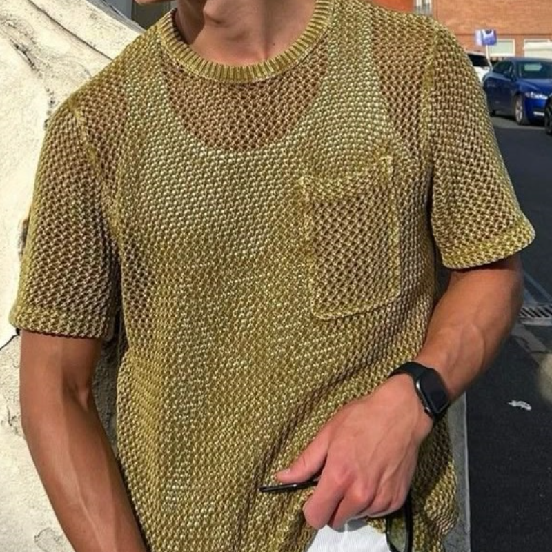 Men's Casual Round Neck Hollow Loose Knitted Short Sleeve Sweater T-Shirt (Tank Top Excluded) MTA0734D3M